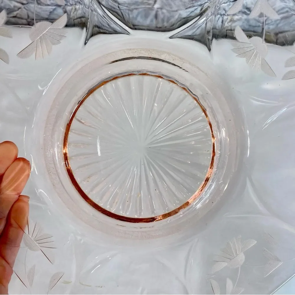 Polygon Shaped Pink Serving Plate Vintage Etched Glass Floral Pattern